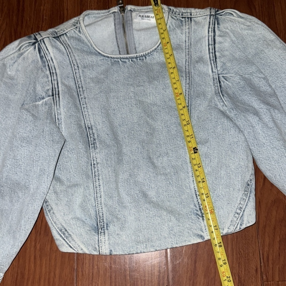ASOS Pull And Bear Acid Wash 80's Style Puff Sleeve Cropped Denim Top size S - Picture 5 of 9